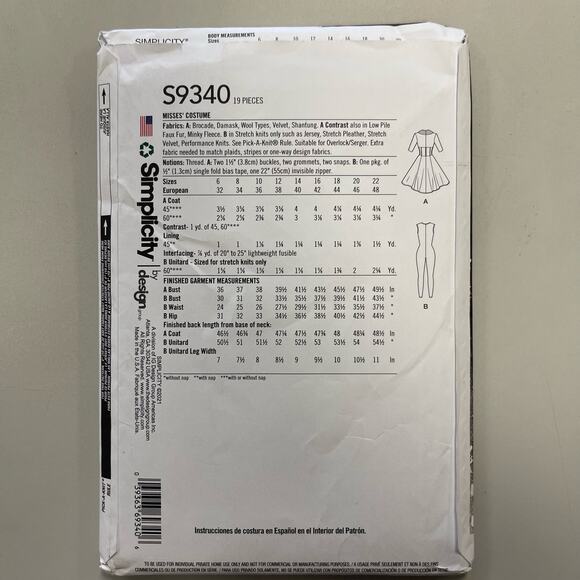 Simplicity Disney Cruella Costume Coat Unitard Sewing Pattern Misses 14-22 Uncut - Picture 2 of 4